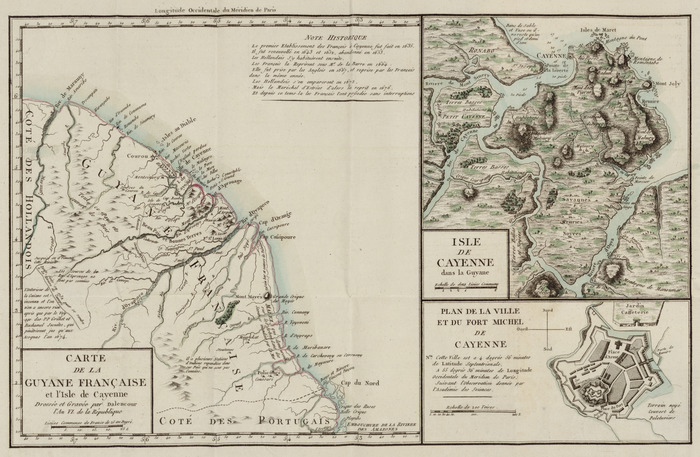Carte de la Guyane Française, de l'isle de Cayenne et du Fort Michel  Dalencour. 1794