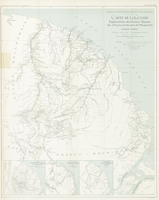 Carte de la Guyane : Exploration des Tumuc-Humac des affluents du Maroni et de l'Oyapock  H. Coudreau. 1889