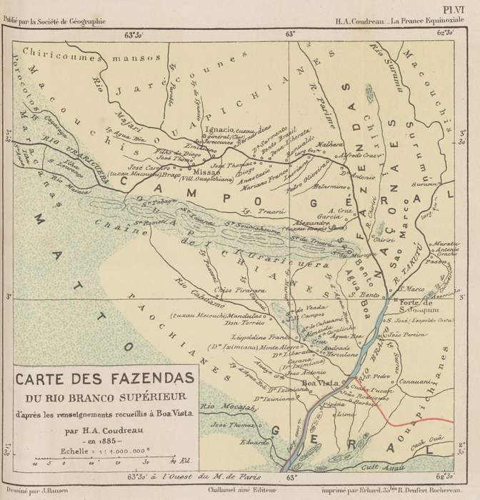 Carte des fazendas du rio Branco supérieur d'après les renseignements recueillis à Boa Vista  H.-A. Coudreau. 1885