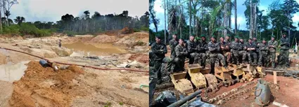  Figure n° 7 : Effets de l’orpaillage et opération Harpie. Dégâts provoqués par les orpailleurs clandestins. Soldats du 3e REI posant devant le matériel d’orpailleurs saisi au cours d’une opération Harpie/Anaconda.