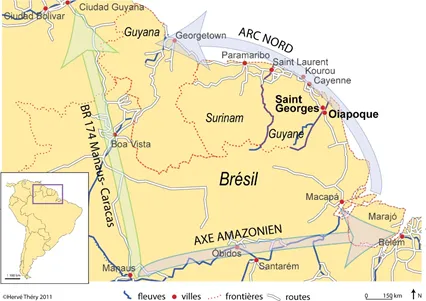 Carte n° 3 : Le pont sur l’Oyapock dans son contexte régional  Les Guyanes dans l’« Arc Nord » des visées géopolitiques brésiliennes, entre Amazone et Caraïbe.