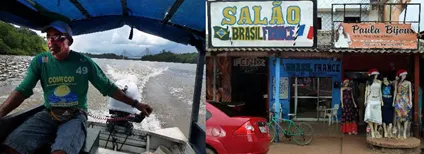  Figure n° 9 : Piroguier sur l’Oyapock et salon de coiffure France-Brésil Un piroguier brésilien au cours de la traversée Saint-Georges-de l’Oyapock – Oiapoque, derrière lui le pont qui devrait le remplacer. Salon de beauté franco-brésilien à Oiapoque, un peu avant Noël.