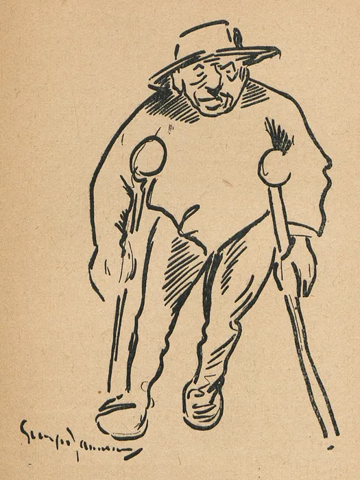 Dessin d'un homme marchant avec des béquilles