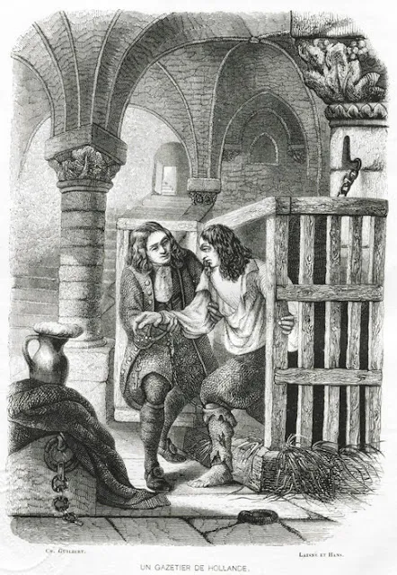 Dessin représentant le gazetier sortant d'un cachot tirée de Les bagnes : histoires, types, murs , mystères, 1845