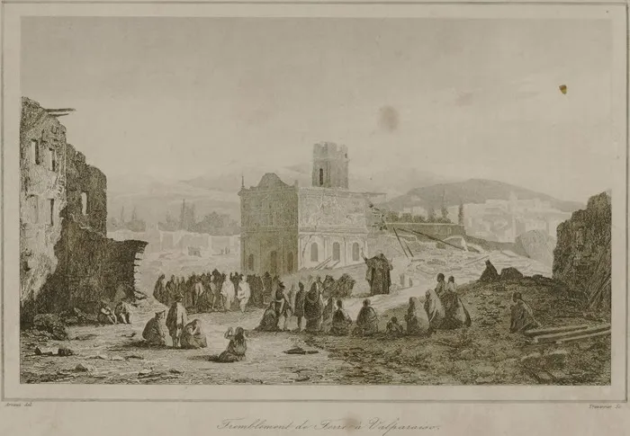 Dessin représentant les dégâts d'un tremblement de Terre à Valparaiso tirée de l'ouvrage : « Chili »