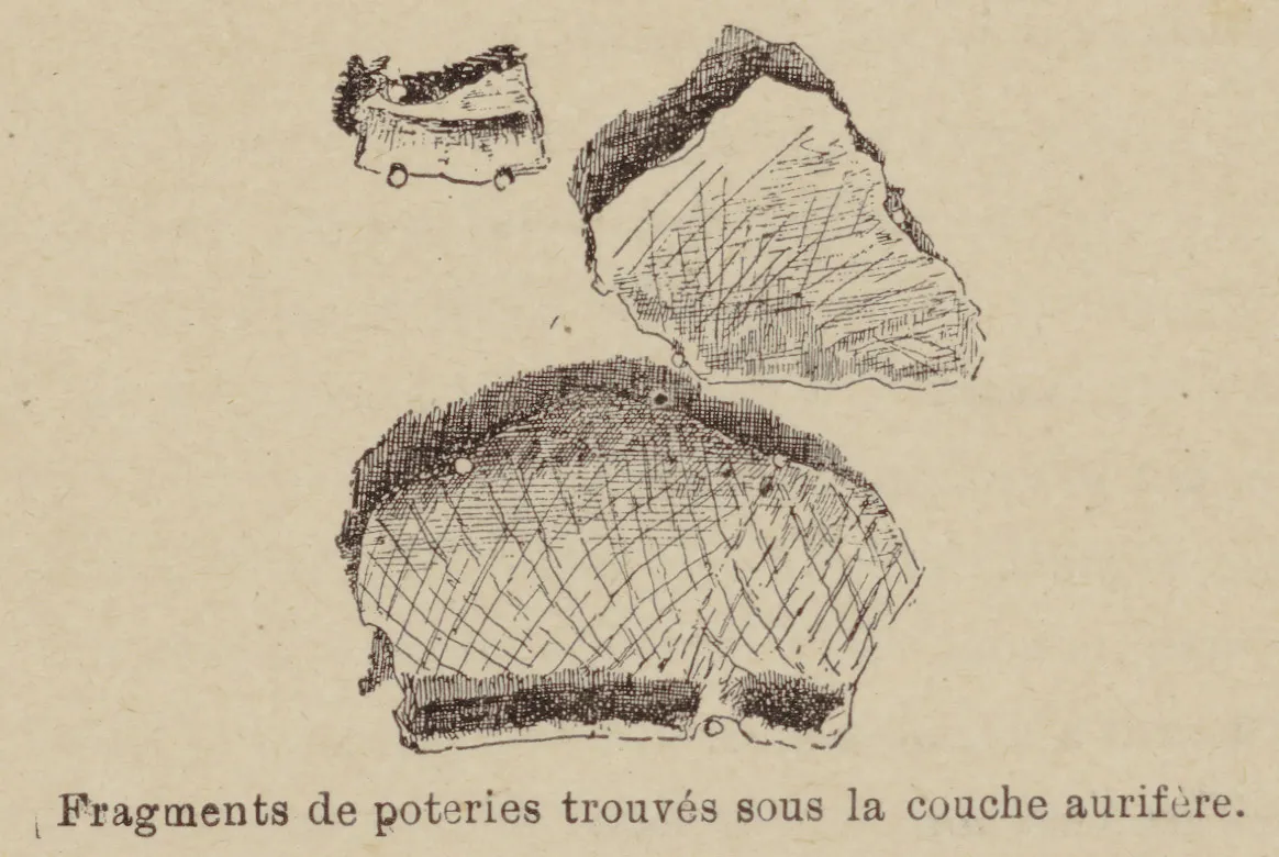 Dessin représentant des fragments de poteries trouvés sous la couche aurifère