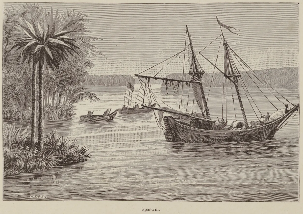 Dessin représentant une embarcation sur un cours d'eau