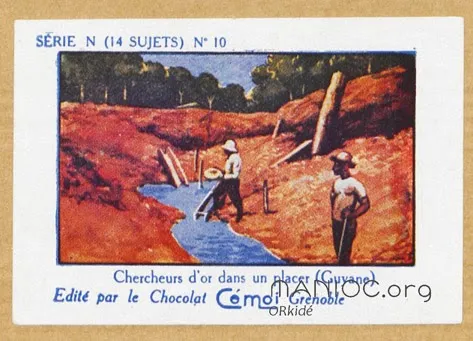 Vignette représentant des hommes cherchant de l'or dans un placer en Guyane