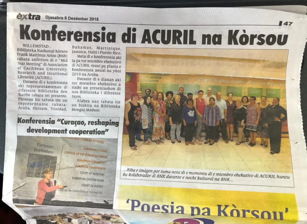 Réunion des membres du comité exécutif d'ACURIL à Curaçao. Article du quotidien Djasabra (en "papiamentu")