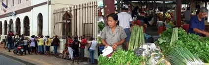 Attente devant la poste et marché à Cayenne  pour recevoir les aides sociales. Maraîchers Hmong vendant leur production au marché de  Cayenne. 