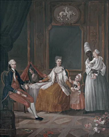 Peinture d'un portrait d'une famille blanche avec leur nourrice noire