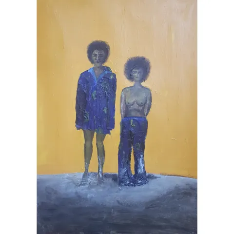 Peinture représentant deux femmes habillées en bleu sur un fond jaune, l'une a les jambes nues et l'autre la poitrine nue