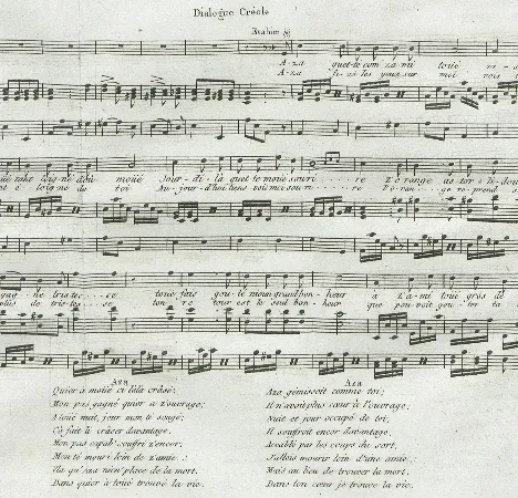 Extrait d'une portée avec des notes de musique et texte en créole