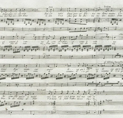 Extrait d'une portée avec des notes de musique et texte en créole