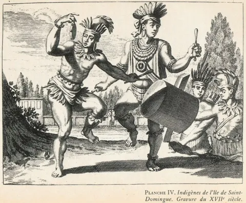 Amérindiens dansant avec des instruments de musique