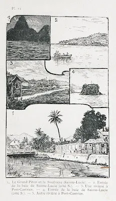 Plusieurs illustrations : Le Grand Piton et la Soufrière (Sainte-Lucie) - Entrée de la baie de Sainte-Lucie (côté N.) - Une rivière à Port-Castries - Entrée de la baie de Sainte-Lucie (côté S.) - Autre rivière à Port-Castries