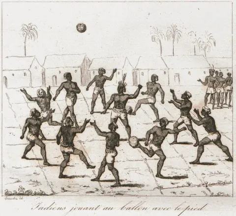 Illustration figurant des Indiens jouant au ballon avec le pied